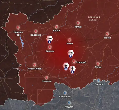Уничтоженные летательные аппараты ВКС России на карте Брянской области
